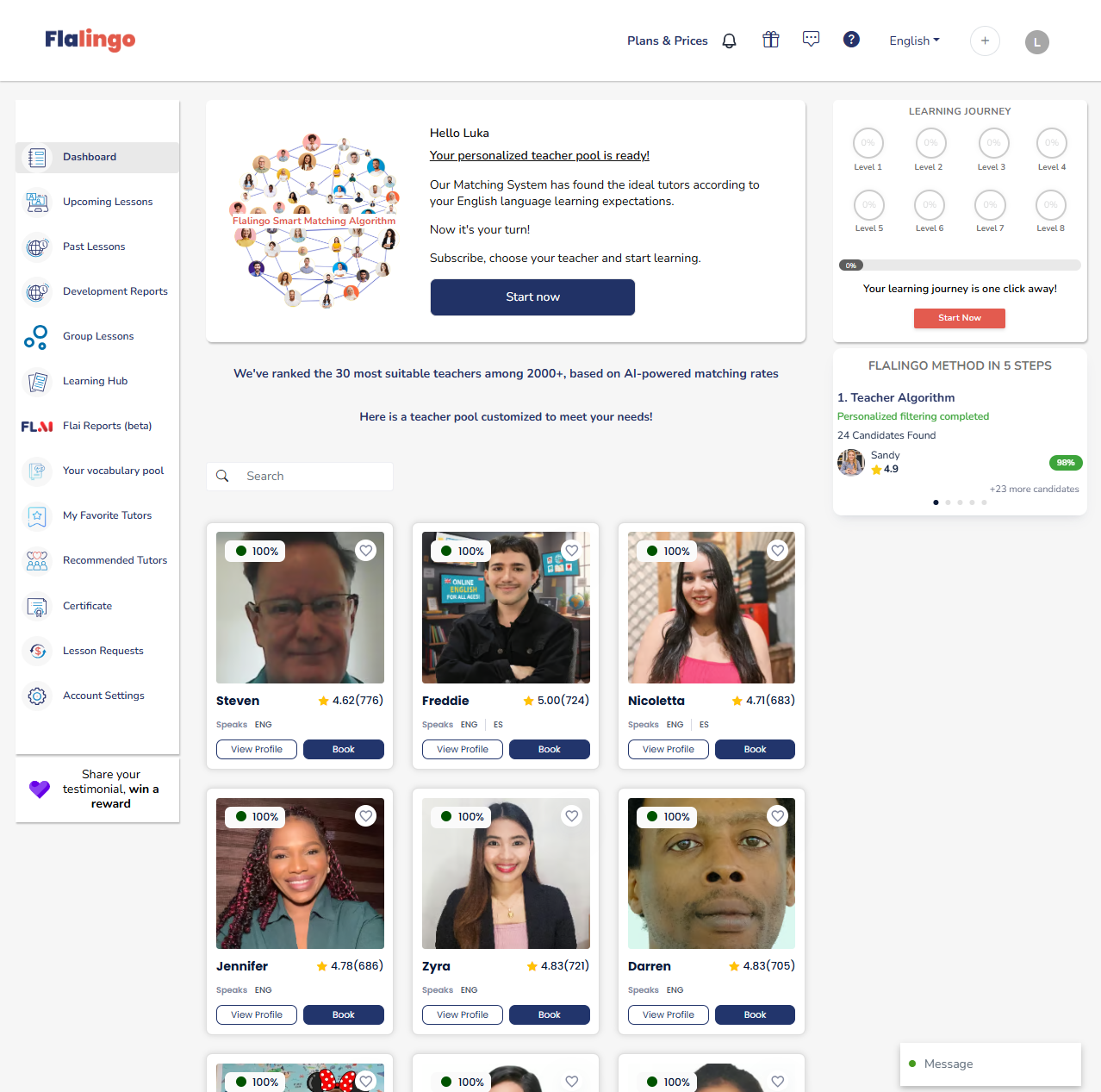 A bespoke tutor pool, handpicked for you by Flalingo’s Smart Matching Algorithm.