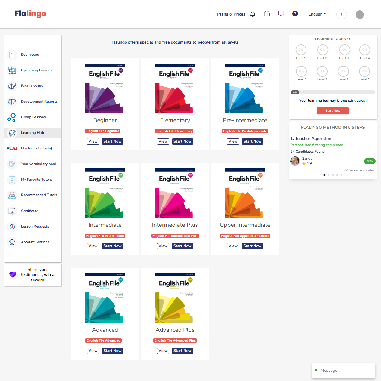 Flalingo Dashboard - Oxford University Press Learning Materials