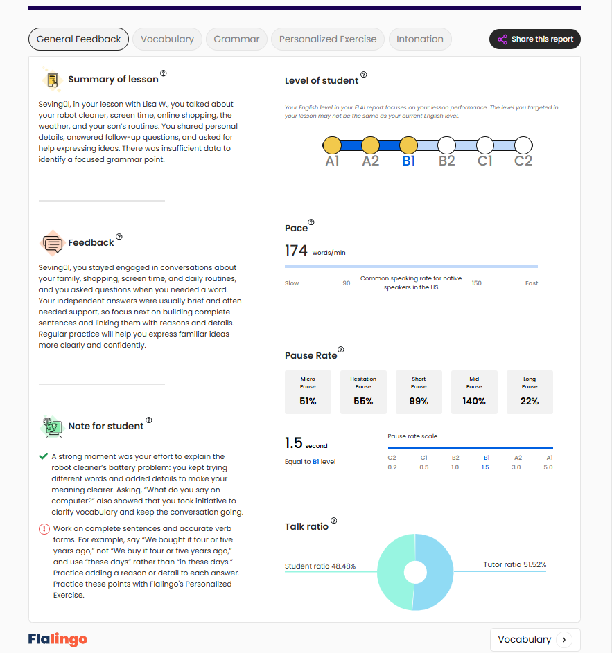 Example of a FLAI lesson report